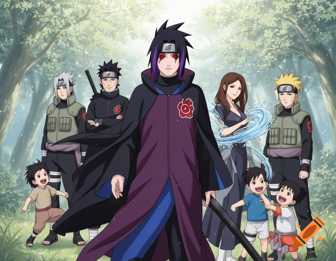 A group of anime characters, including adults and children, stand in a sun-dappled forest, some wearing shinobi attire with clan symbols.