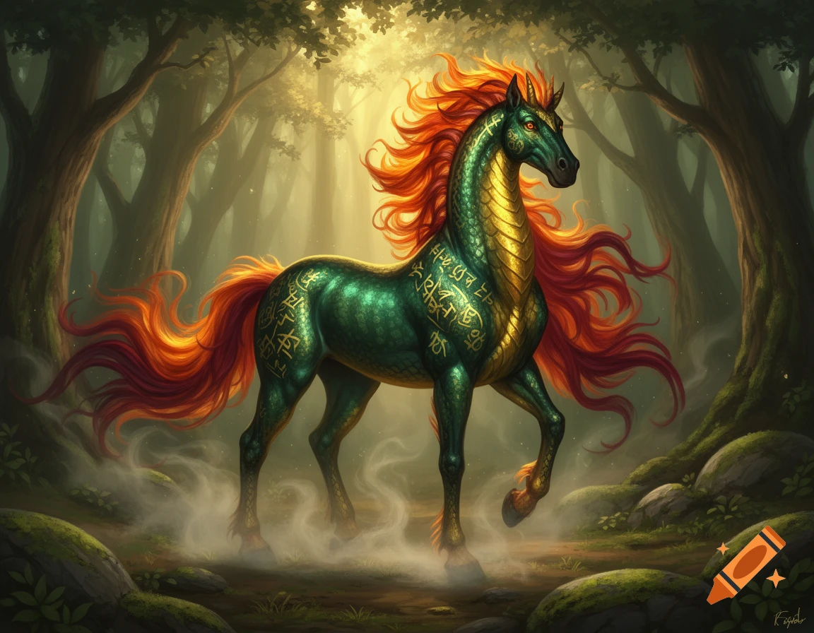A majestic green and gold horse with a flowing fiery orange mane and tail stands in a misty, sunlit forest.