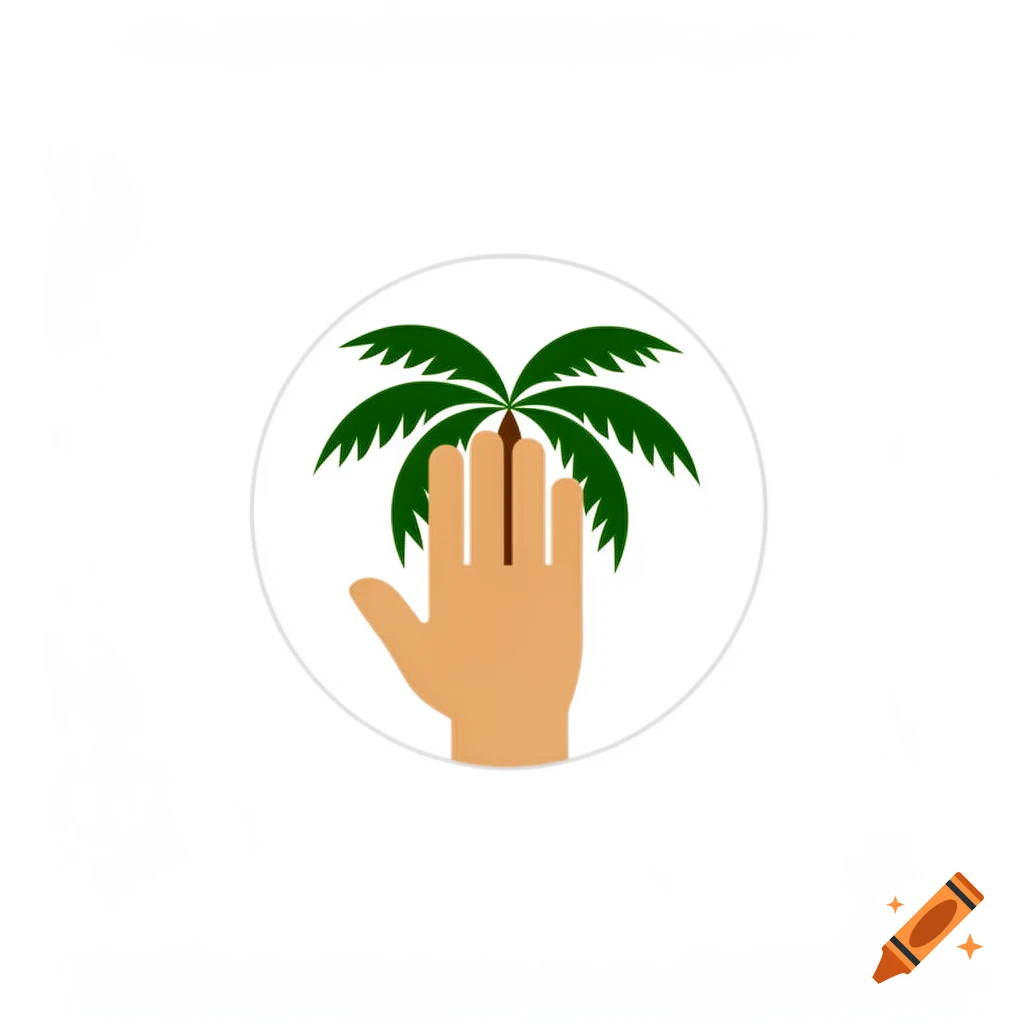 A stylized icon of an open hand, palm facing forward, with a palm tree behind it, all enclosed in a white circle on a white background.