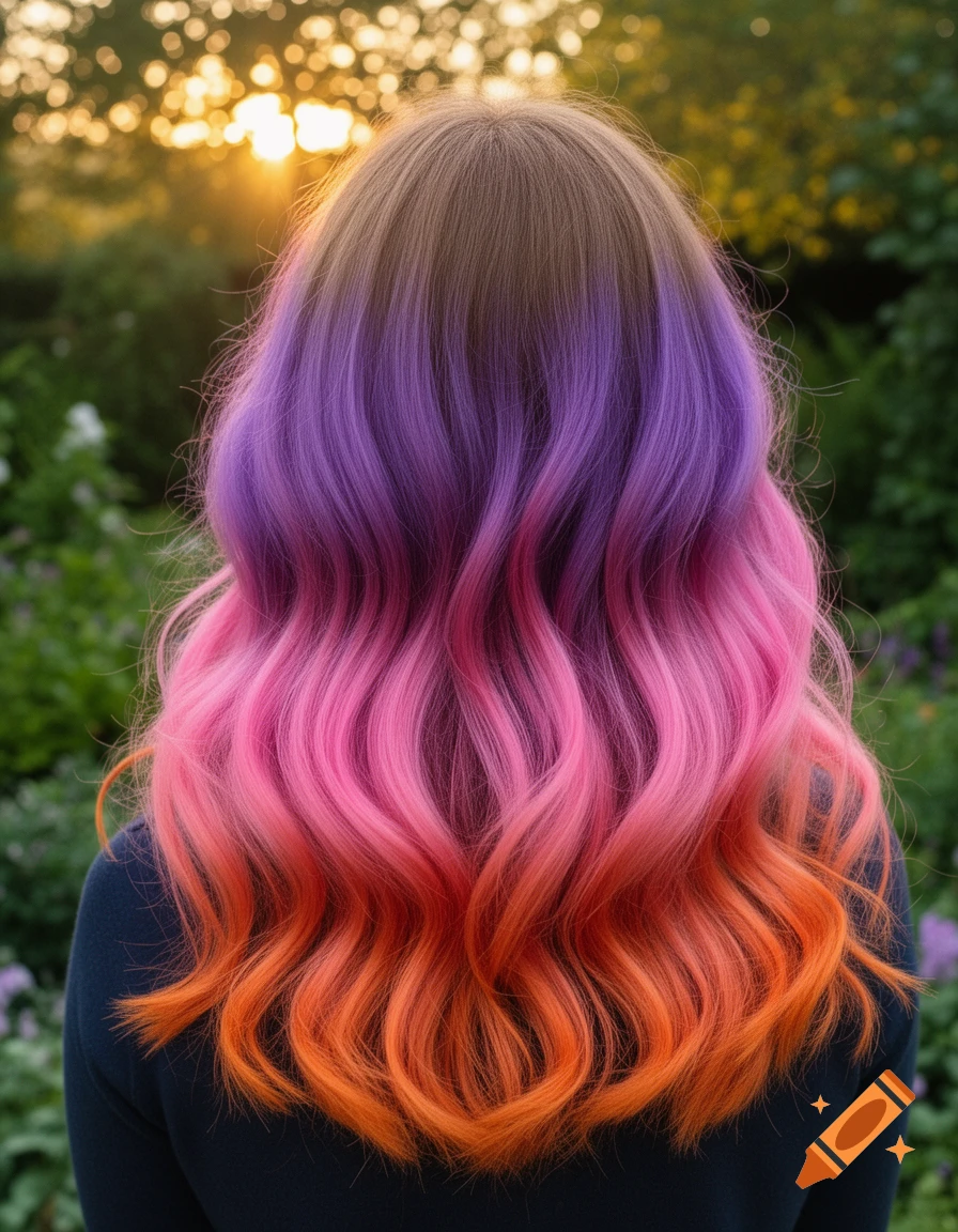 Back of a person with long, wavy ombre hair, transitioning from brown to purple, pink, and orange, with a sunset background.