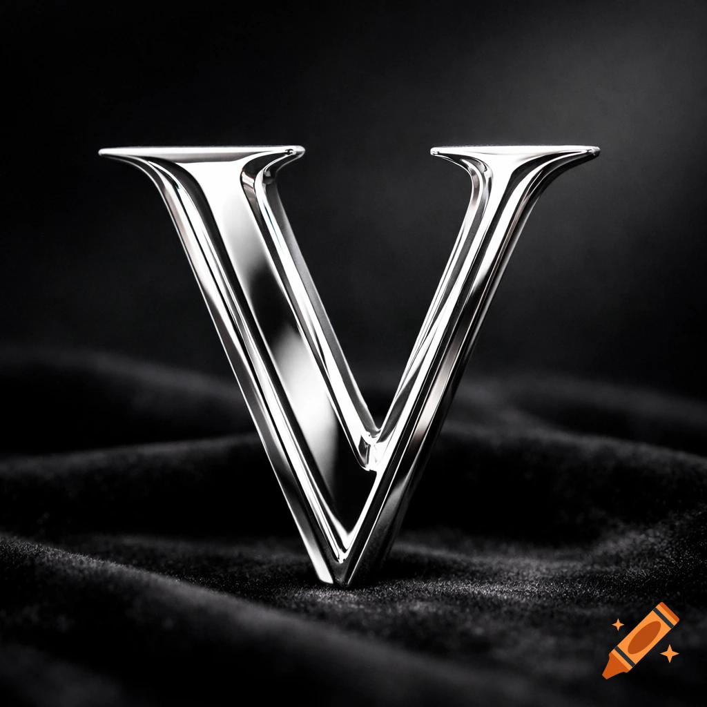 A shiny, chrome-like letter V stands upright on a dark, textured fabric surface, with elegant reflections.