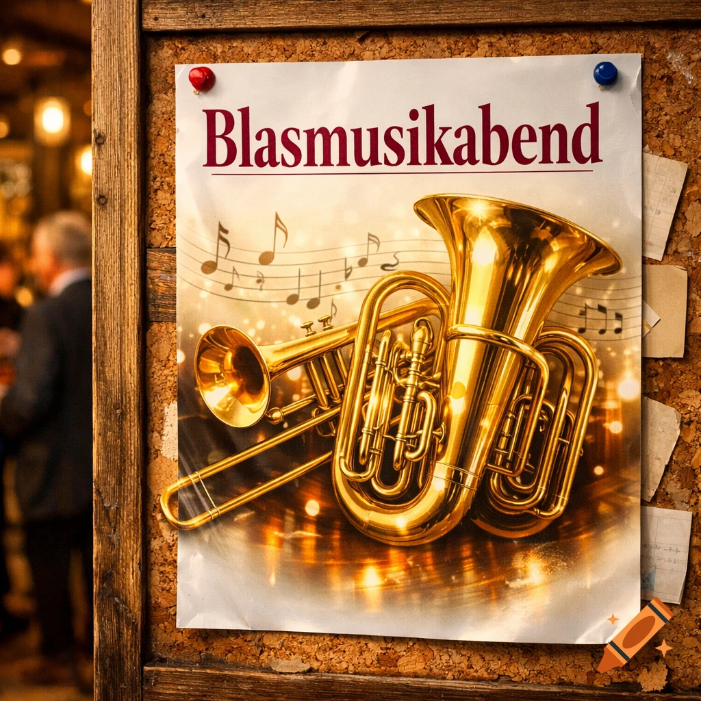 A poster for a "Blasmusikabend" (brass band evening) featuring shiny golden brass instruments, a tuba and a trombone, pinned to a cork board.