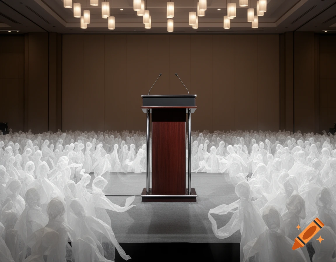 An empty wooden podium stands center stage in a large conference hall, facing an audience of abstract, translucent white figures resembling tissues or draped fabric, moving like a wave.
