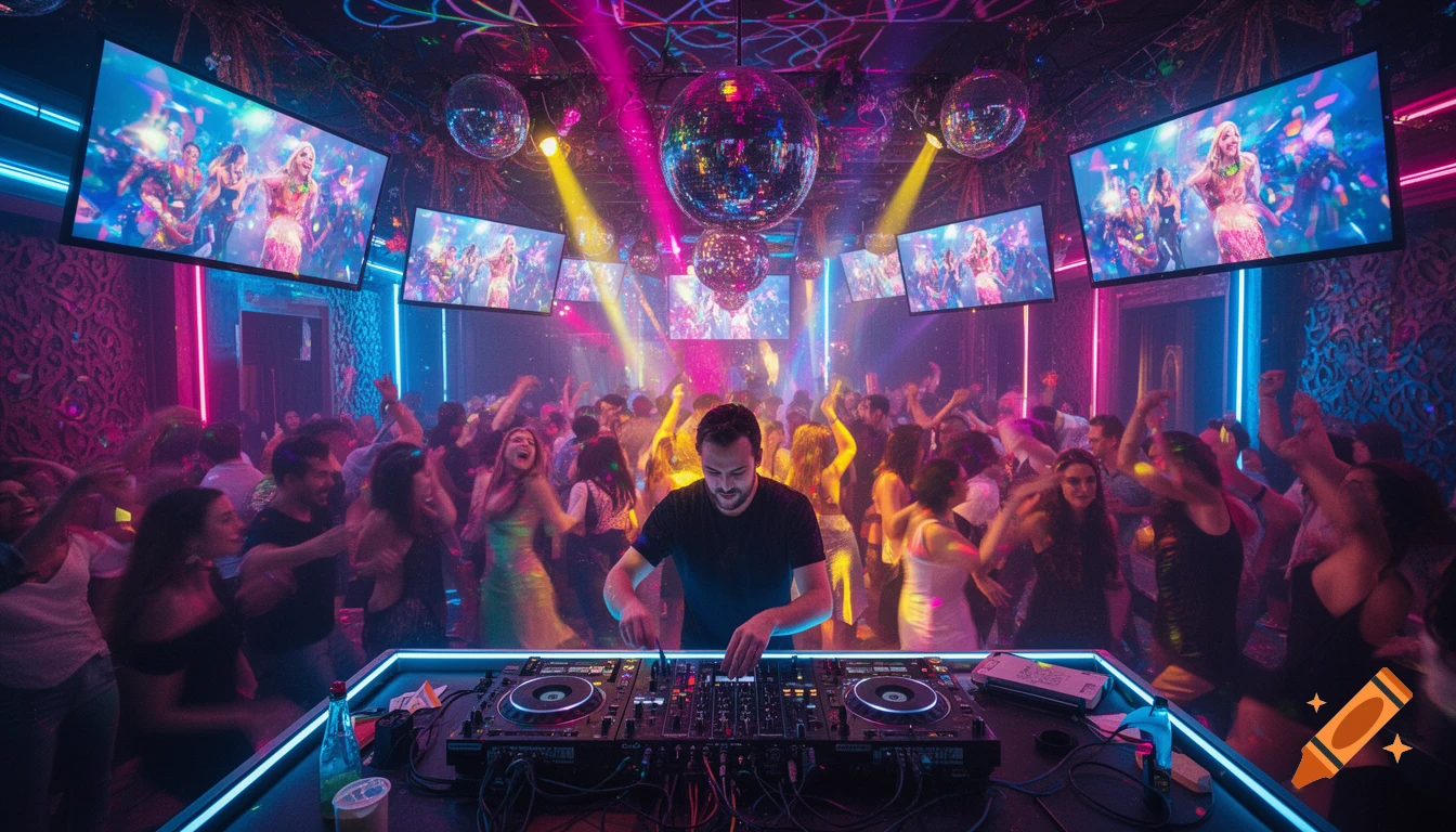 A DJ plays music in a vibrant, neon-lit nightclub, surrounded by a lively dancing crowd and large screens.