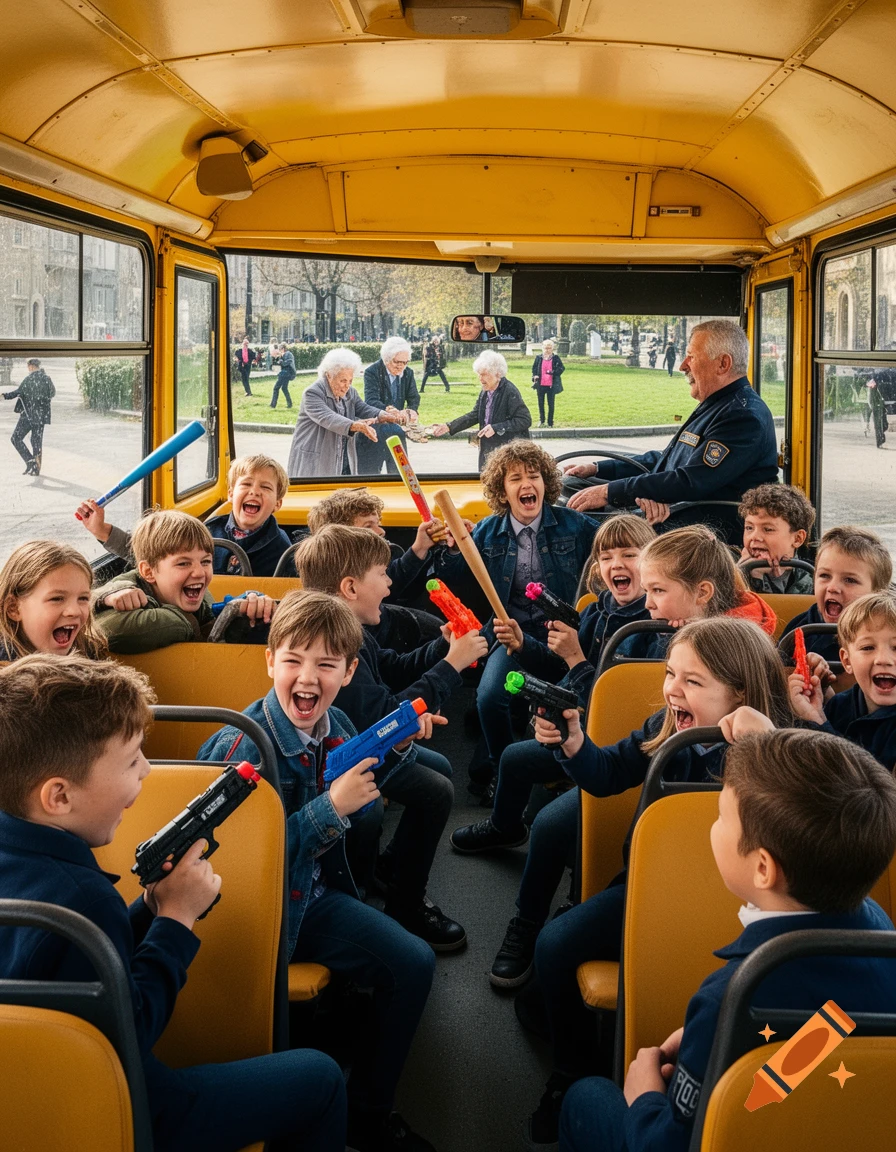 Loud school kids on a yellow bus, laughing and holding toy guns and baseball bats. An adult drives while older women interact outside.