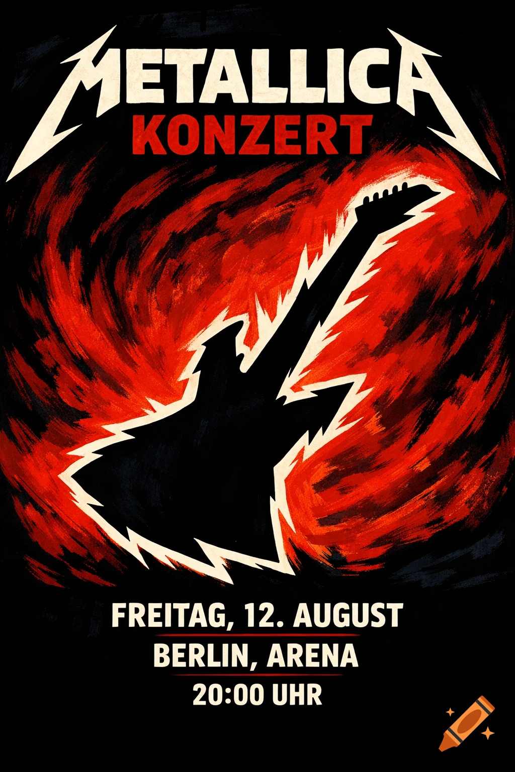 Stylized Metallica concert poster featuring a black electric guitar silhouette outlined in white, set against a swirling red and black background. Text reads: "METALLICA KONZERT", "FREITAG, 12. AUGUST", "BERLIN, ARENA", "20:00 UHR".