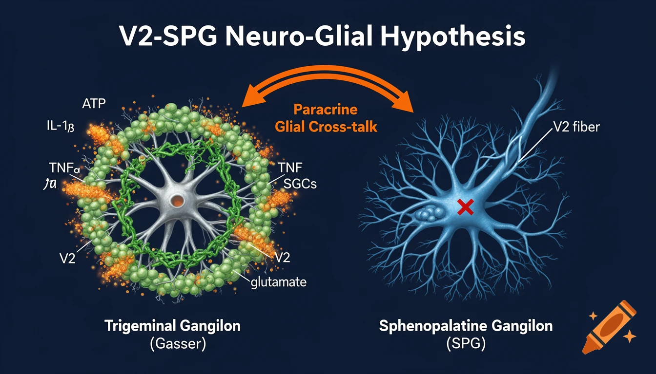 A scientific diagram illustrating the V2-SPG Neuro-Glial Hypothesis, showing a Trigeminal Ganglion and a Sphenopalatine Ganglion with labeled components and paracrine glial cross-talk.