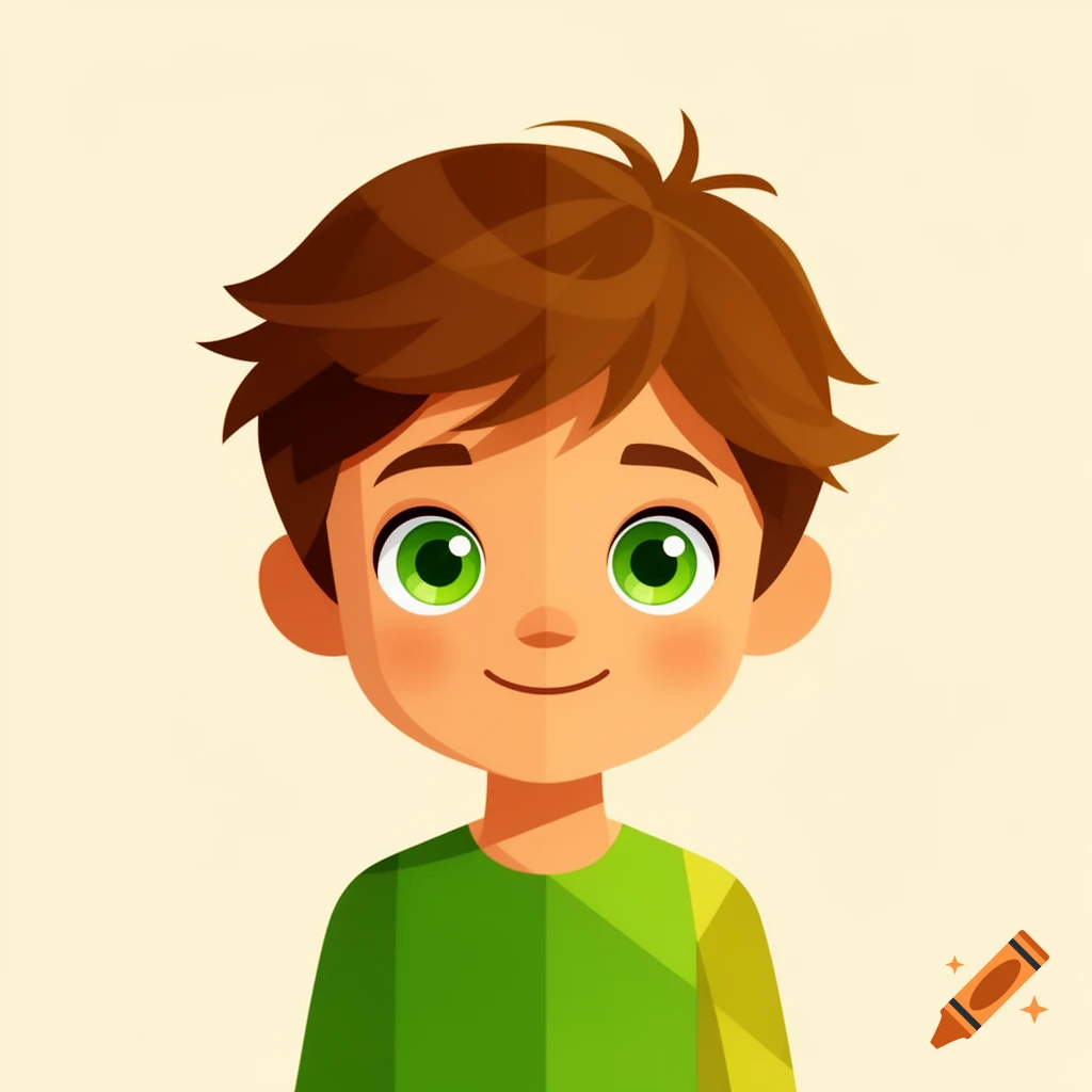 A smiling cartoon boy with spiky brown hair and bright green eyes.