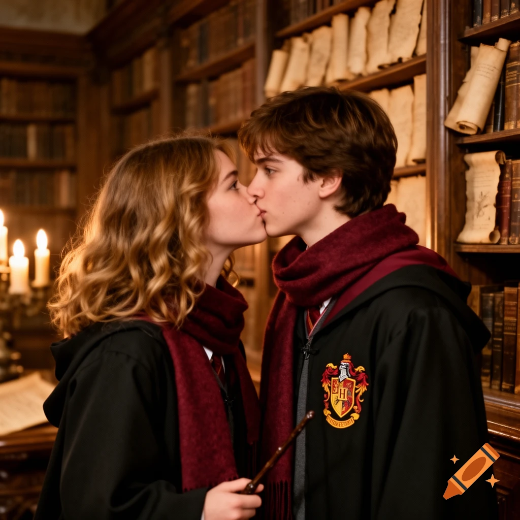 A young couple in Hogwarts-style robes and scarves share a kiss in a library, one holding a wand.