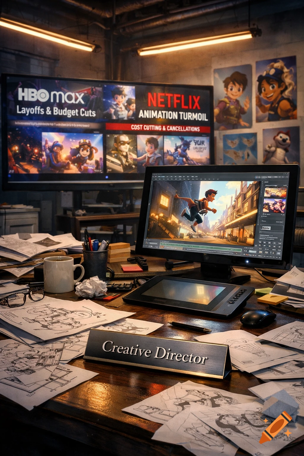 An animation creative director's messy desk with a monitor displaying animation software and a large TV in the background showing news about HBO Max and Netflix budget cuts.