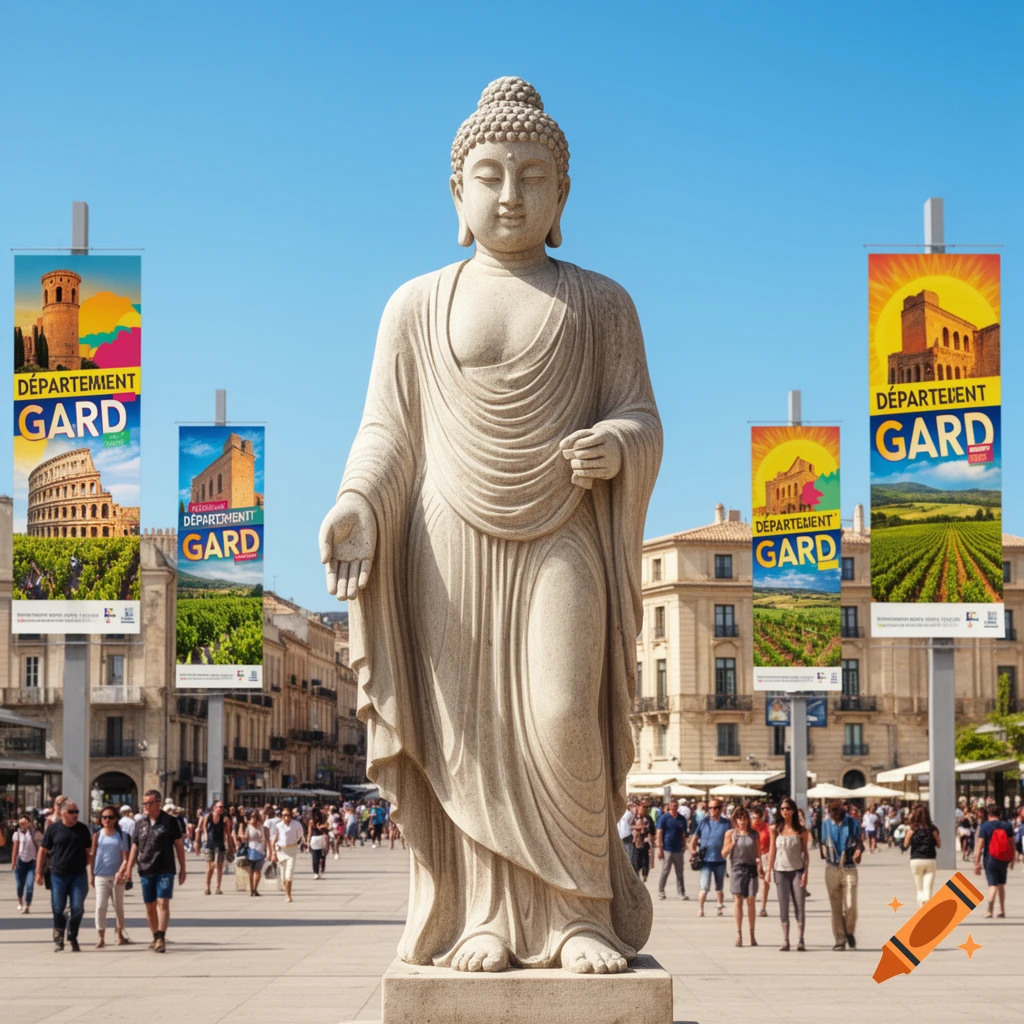 A large stone Buddha statue stands in a sunny city square with people walking around and tall banners advertising "DÉPARTEMENT GARD" with images of Roman ruins and vineyards.