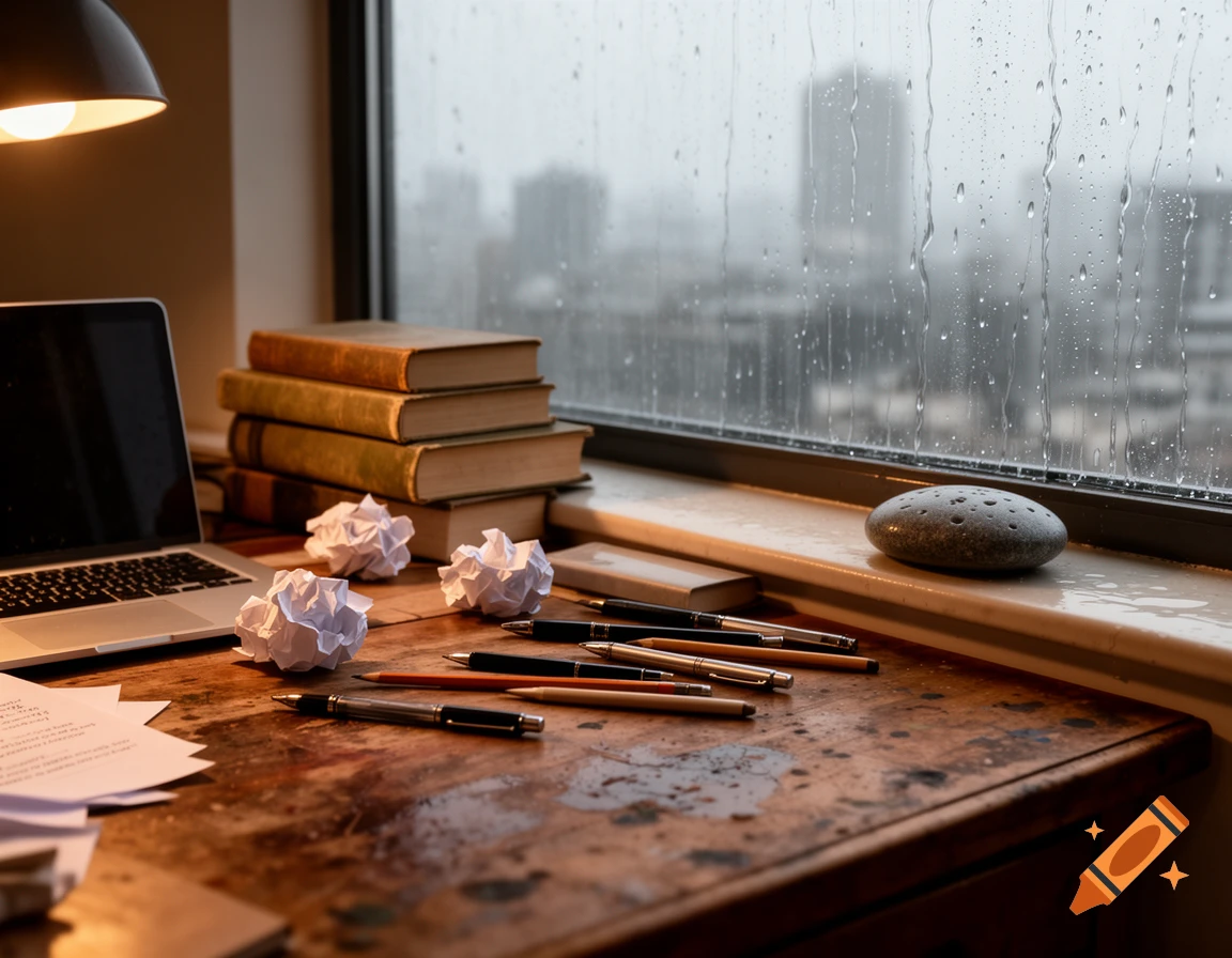 A photorealistic messy writer's desk with a laptop, books, pens, and crumpled paper by a window on a rainy day. A grey stone sits on the sill.