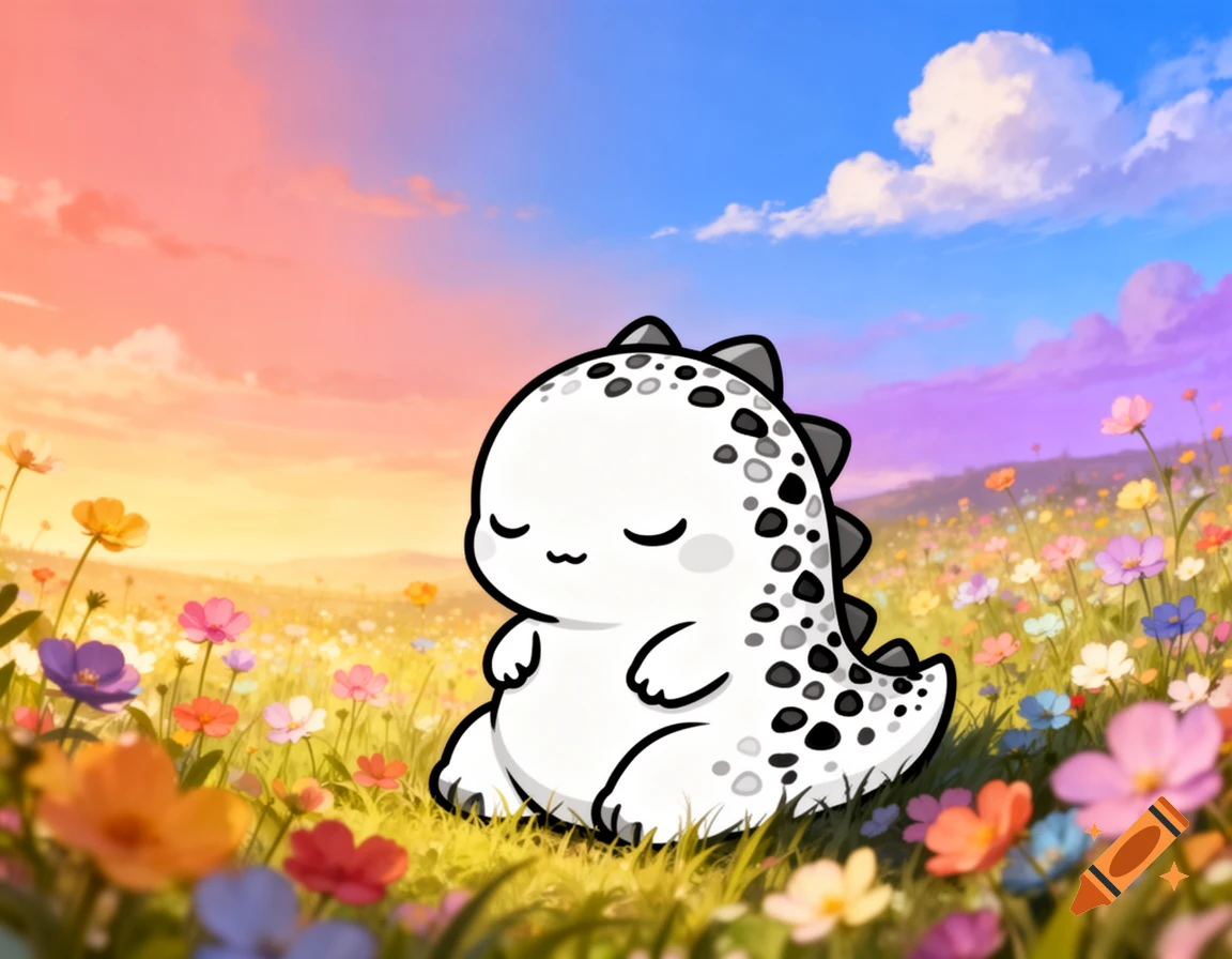 A cute, white, spotted dinosaur with black spikes sits peacefully in a vibrant wildflower meadow under a sunset sky.