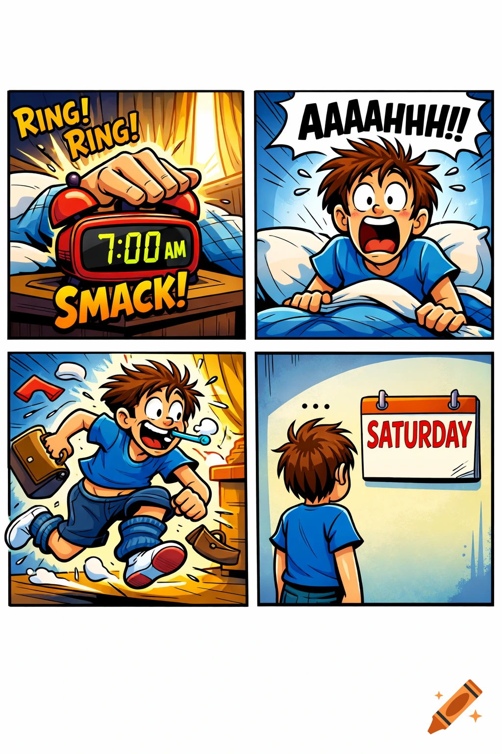 Humorous 4-panel cartoon: a boy's frantic morning routine, hitting 7 AM alarm, rushing, then realizing it's Saturday.