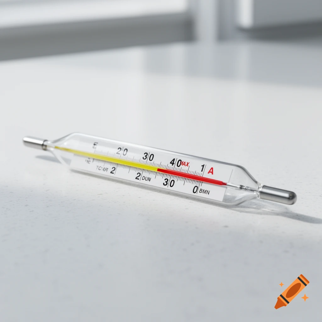 A close-up, photorealistic shot of an analog thermometer lying horizontally on a white surface, indicating a high temperature with a red line.