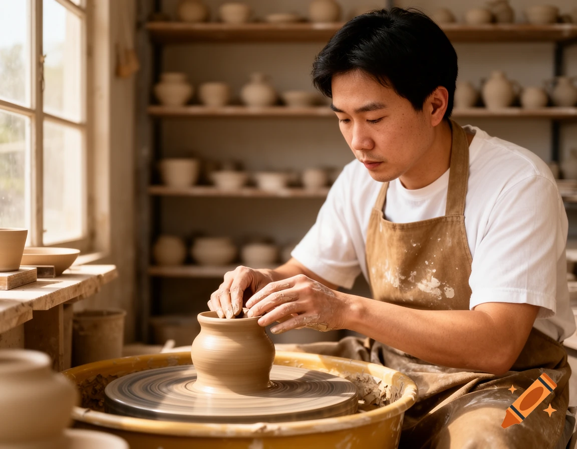 An Asian man in an apron intently shapes clay on a spinning pottery wheel in a sunlit studio.