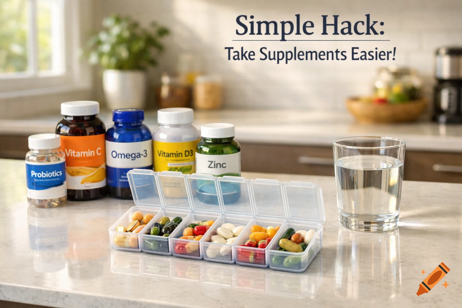 Supplement bottles, a pill organizer with colorful pills, and a glass of water on a kitchen counter. Text: Simple Hack: Take Supplements Easier!