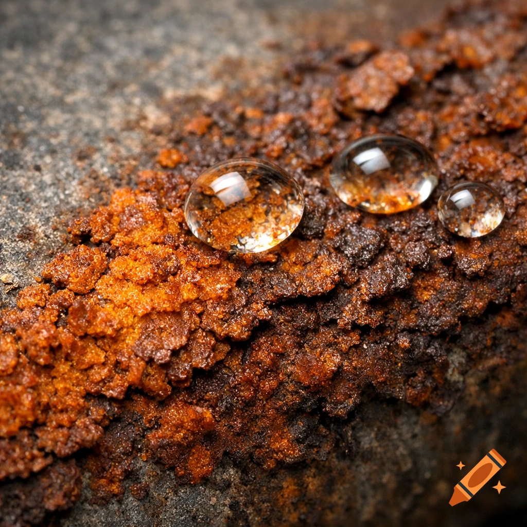 Close-up of reddish-brown rust on a dark metal surface with three clear water droplets, macro photography.