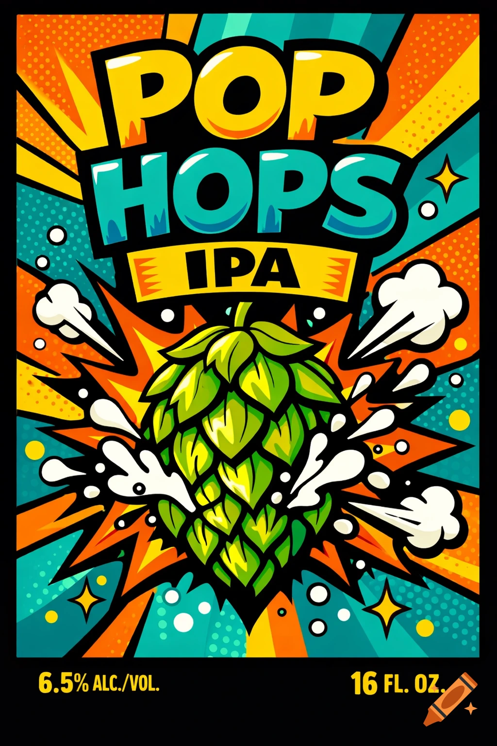 Pop art craft beer label for 'POP HOPS IPA' with an exploding hop cone, vibrant orange, teal, and yellow colors.