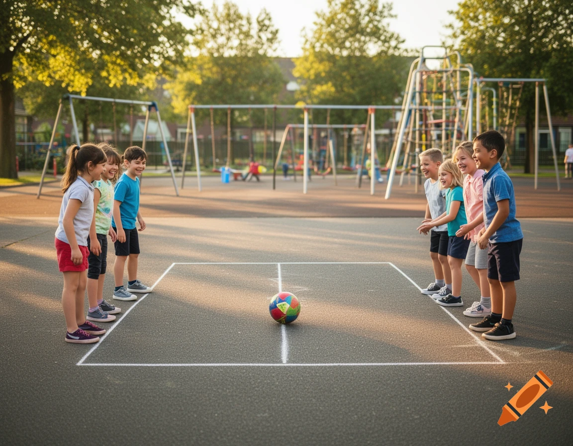 Eight happy children in two teams on a schoolyard playground, playing a ball game on a chalk-drawn field.