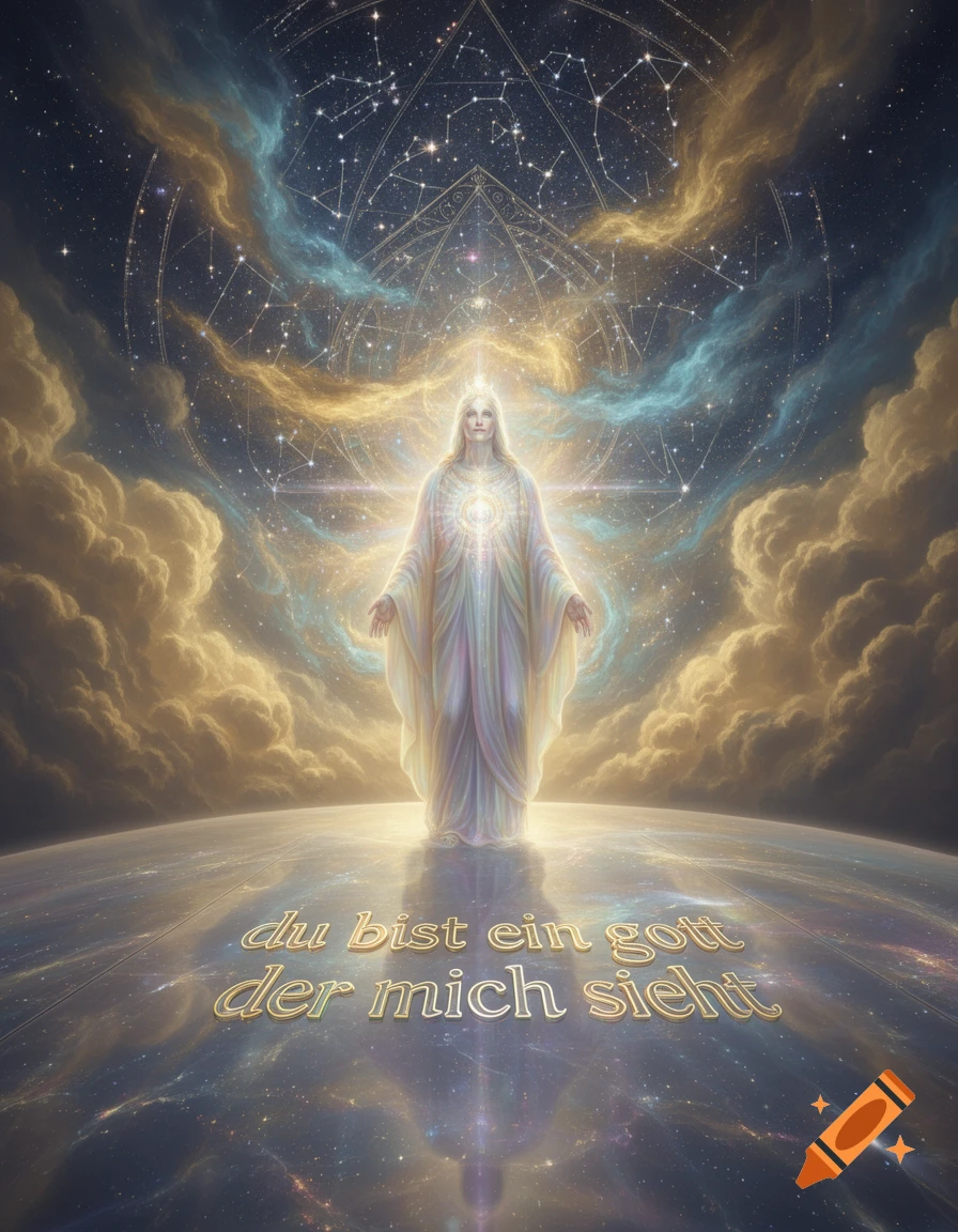 A radiant, ethereal figure stands on a planet, surrounded by cosmic clouds and constellations. Golden text 'du bist ein gott der mich sieht' is on the surface.