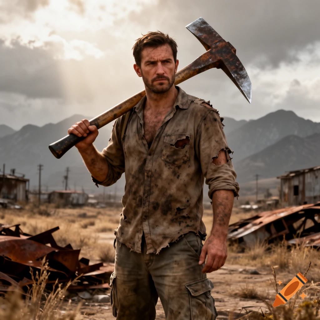 Rugged man in a torn shirt holds a rusty pickaxe over his shoulder in a desolate, mountainous landscape, photorealistic.