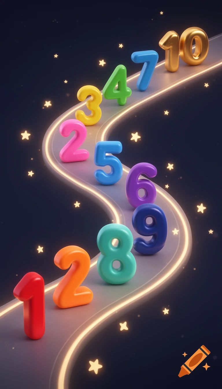 Colorful 3D cartoon numbers 1 to 10 on a glowing curved path against a dark starry background.