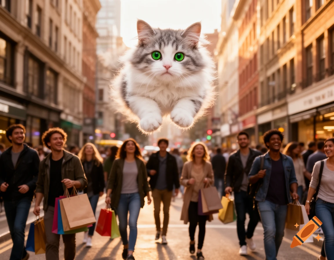 A giant fluffy gray and white cat with bright green eyes floats above a busy city street where people walk with shopping bags.