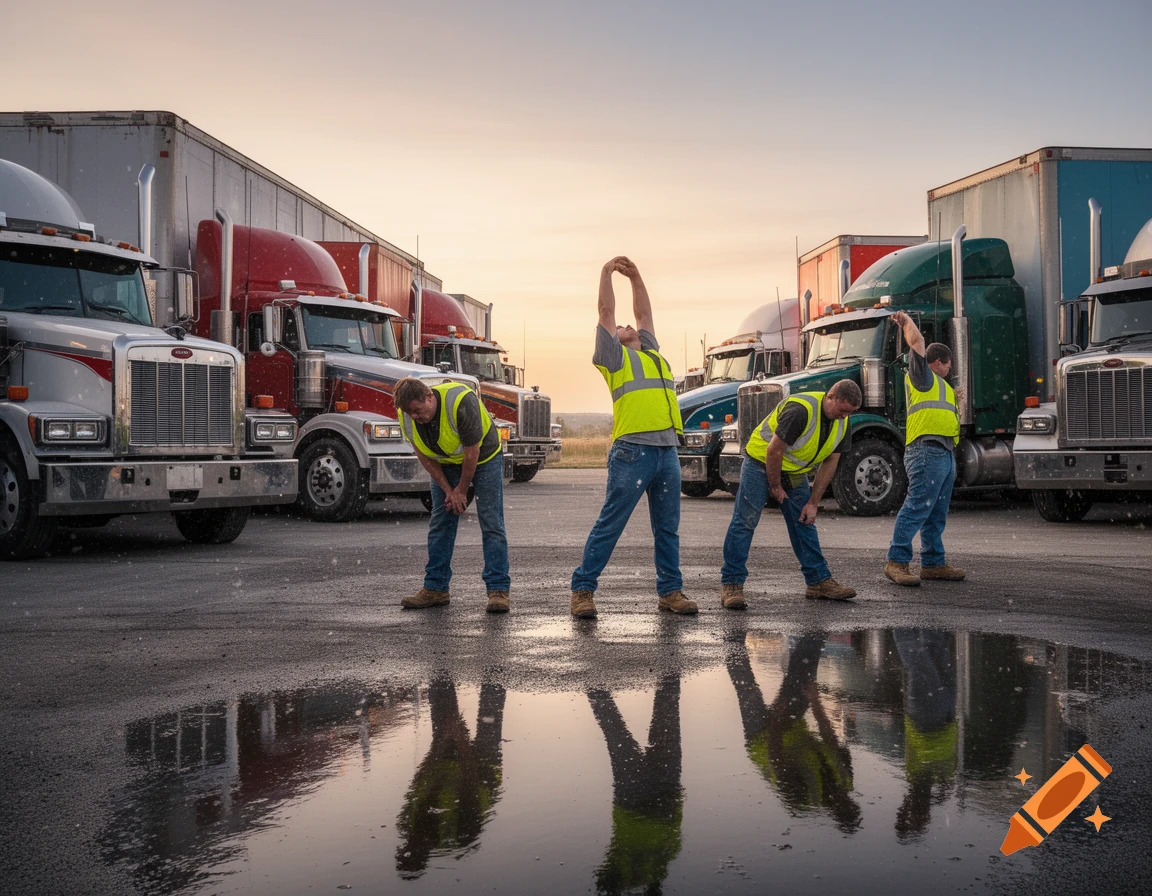 Four truck drivers in high-visibility vests stretch in front of multiple semi-trucks at sunset, with reflections on the wet asphalt.