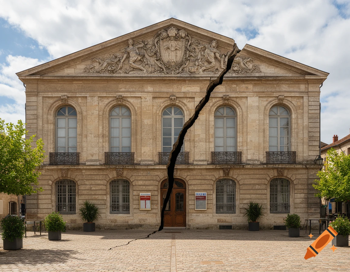 Photorealistic image of a grand stone building with an enormous crack running down its center, surrounded by a cobblestone plaza.