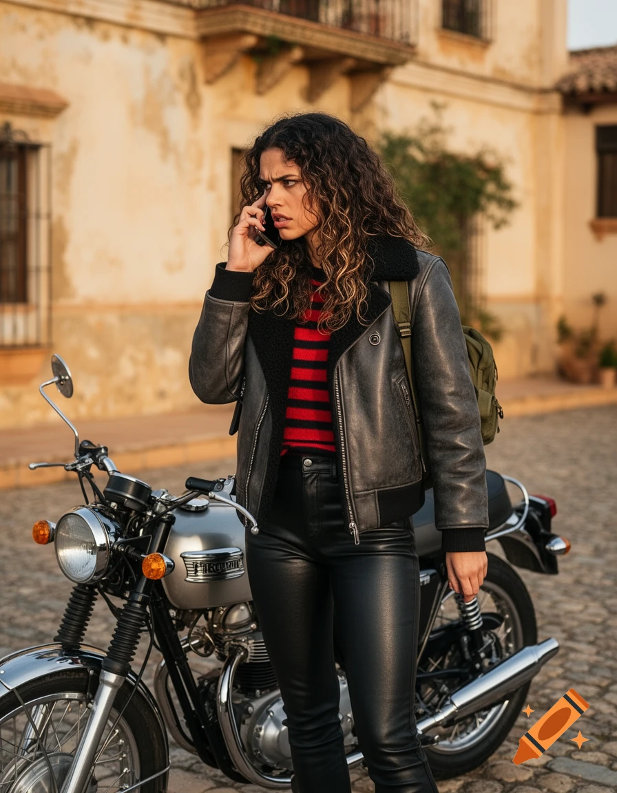 A woman with curly hair in a leather jacket and pants talks on a phone next to a vintage Triumph motorcycle.