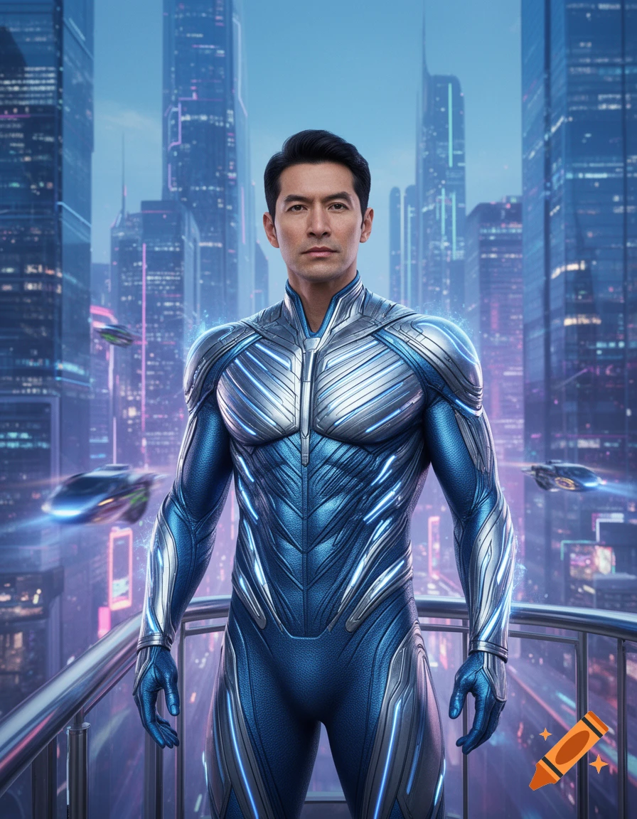 A photorealistic man superhero in a metallic blue and silver suit stands on a balcony overlooking a futuristic city with glowing skyscrapers and flying cars.