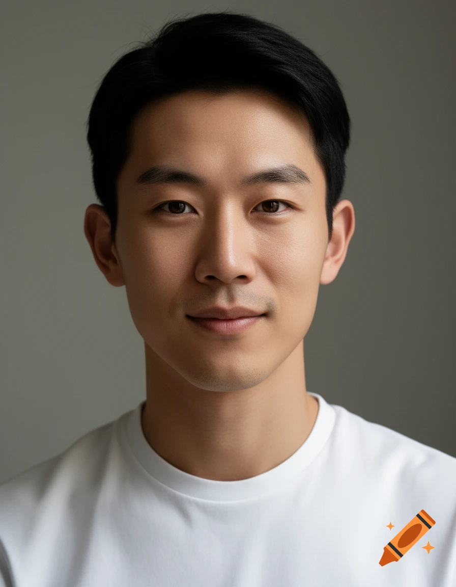 A photorealistic headshot of a young Asian man with short black hair and a white t-shirt, looking forward.