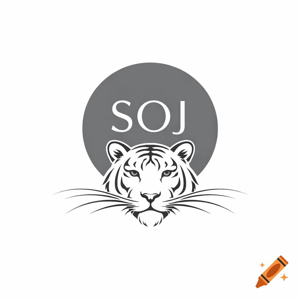 Minimalistic logo: white tiger head, gray circle with "SOJ" text, on a white background.