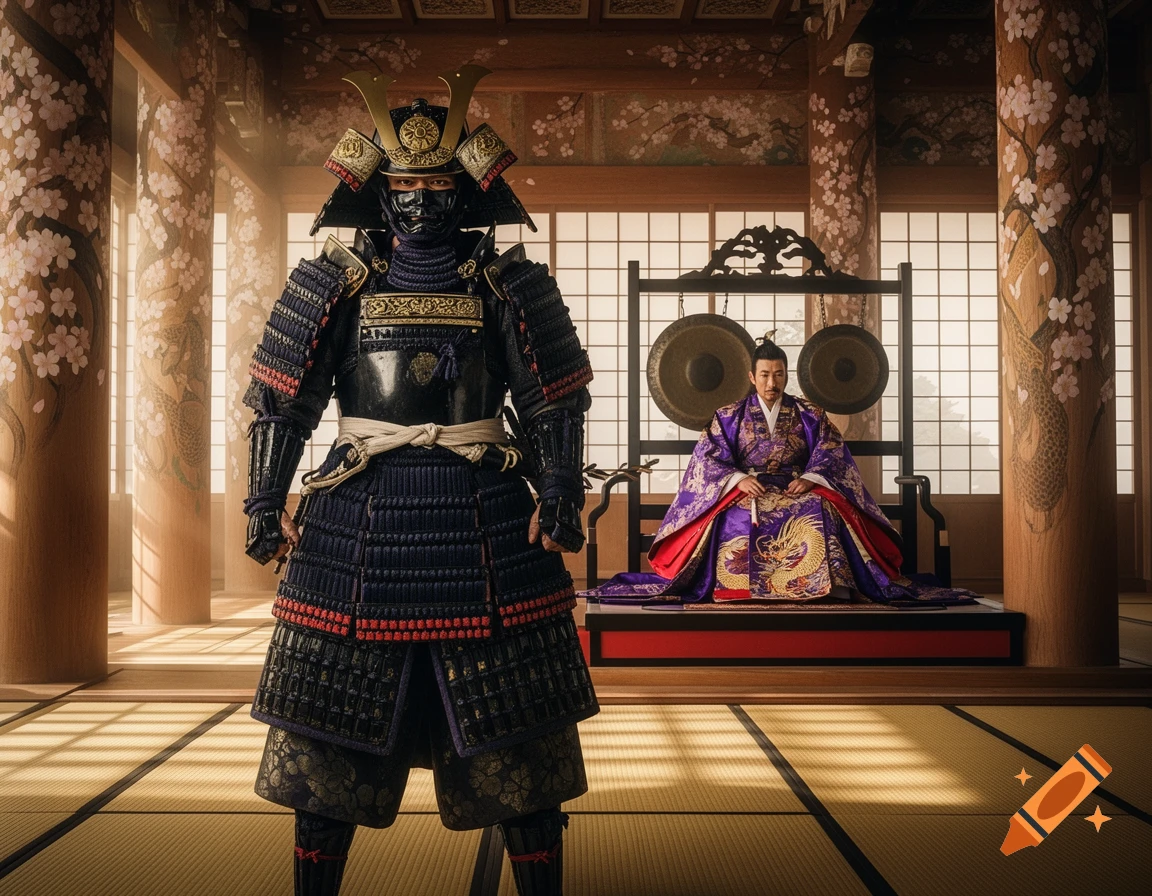 A photorealistic image of a samurai in black armor standing before an emperor in purple robes seated on a raised platform in a Japanese room.