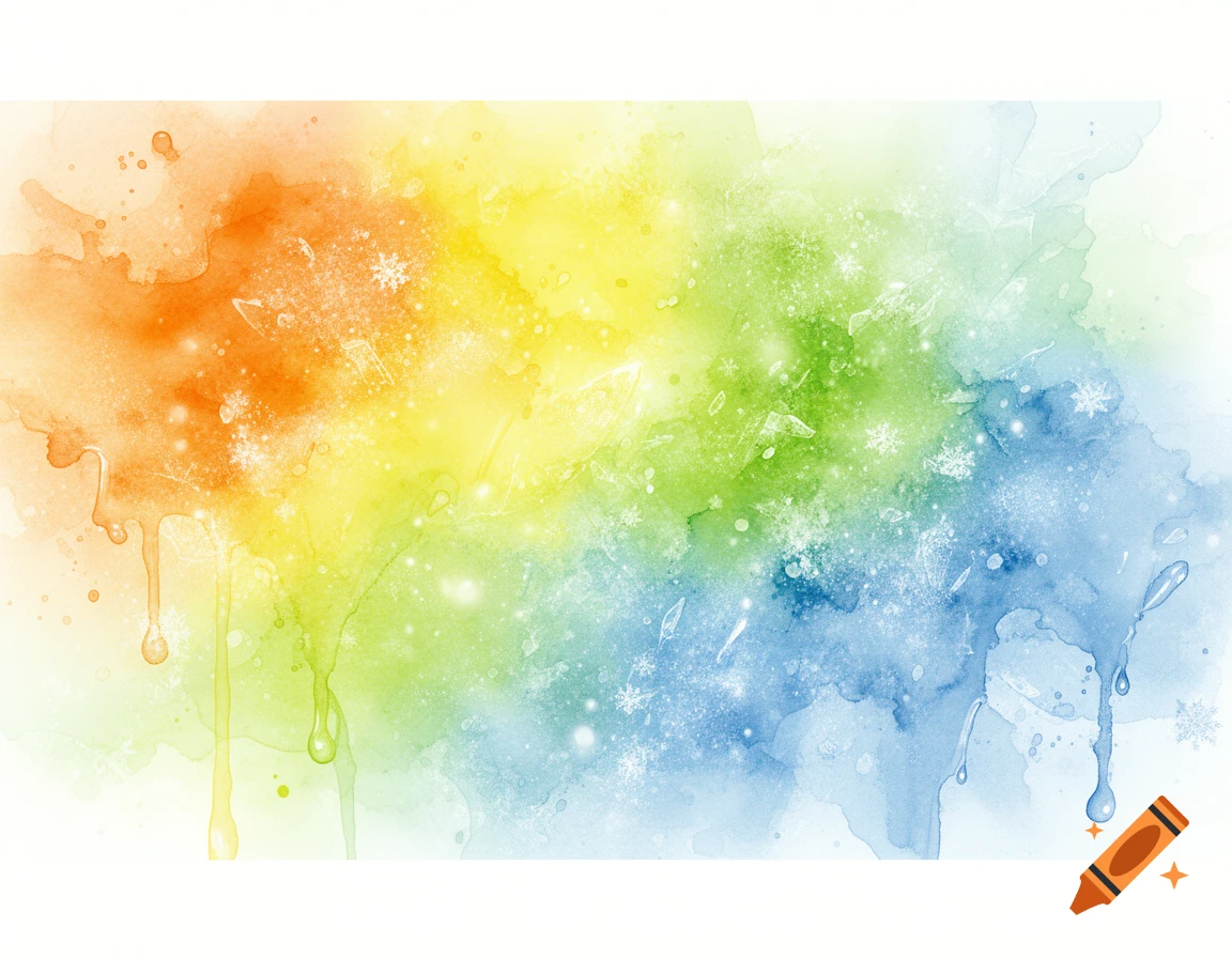 Abstract watercolor background blending orange, yellow, green, and blue with snowflake and ice textures.