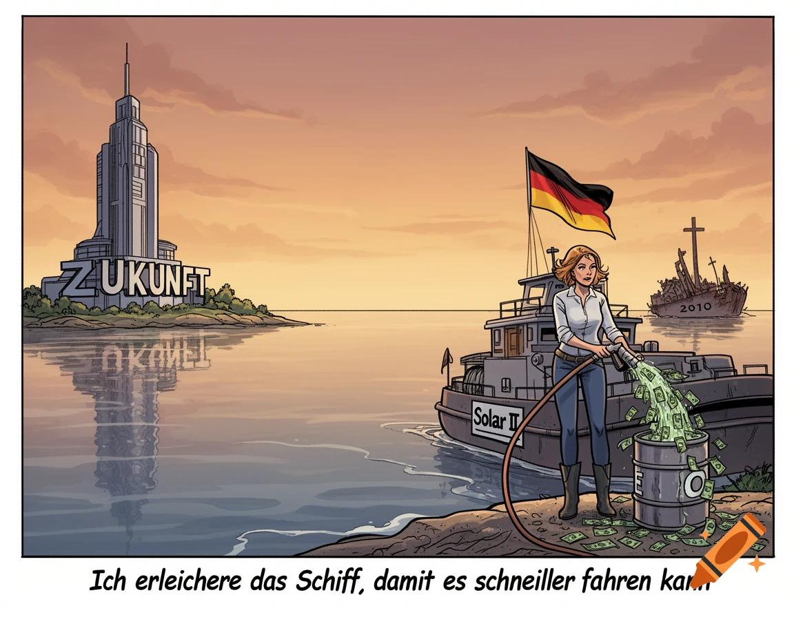 A comic-style image of a woman siphoning money from a 'Solar II' boat into a barrel, near a 'ZUKUNFT' building and a sunken 'Solar I' ship from 2010. Below, the caption reads, "I am lightening the ship so it can go faster."