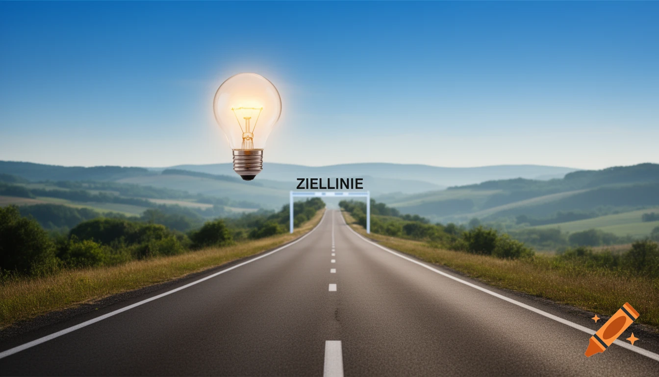 A long road leads to an archway with 'ZIELLINIE' text in a rolling landscape, with a glowing lightbulb floating above.