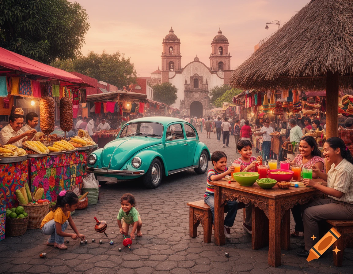 Vibrant Mexican street market scene with people, children playing, a turquoise vintage car, and stalls selling food under a sunset sky.