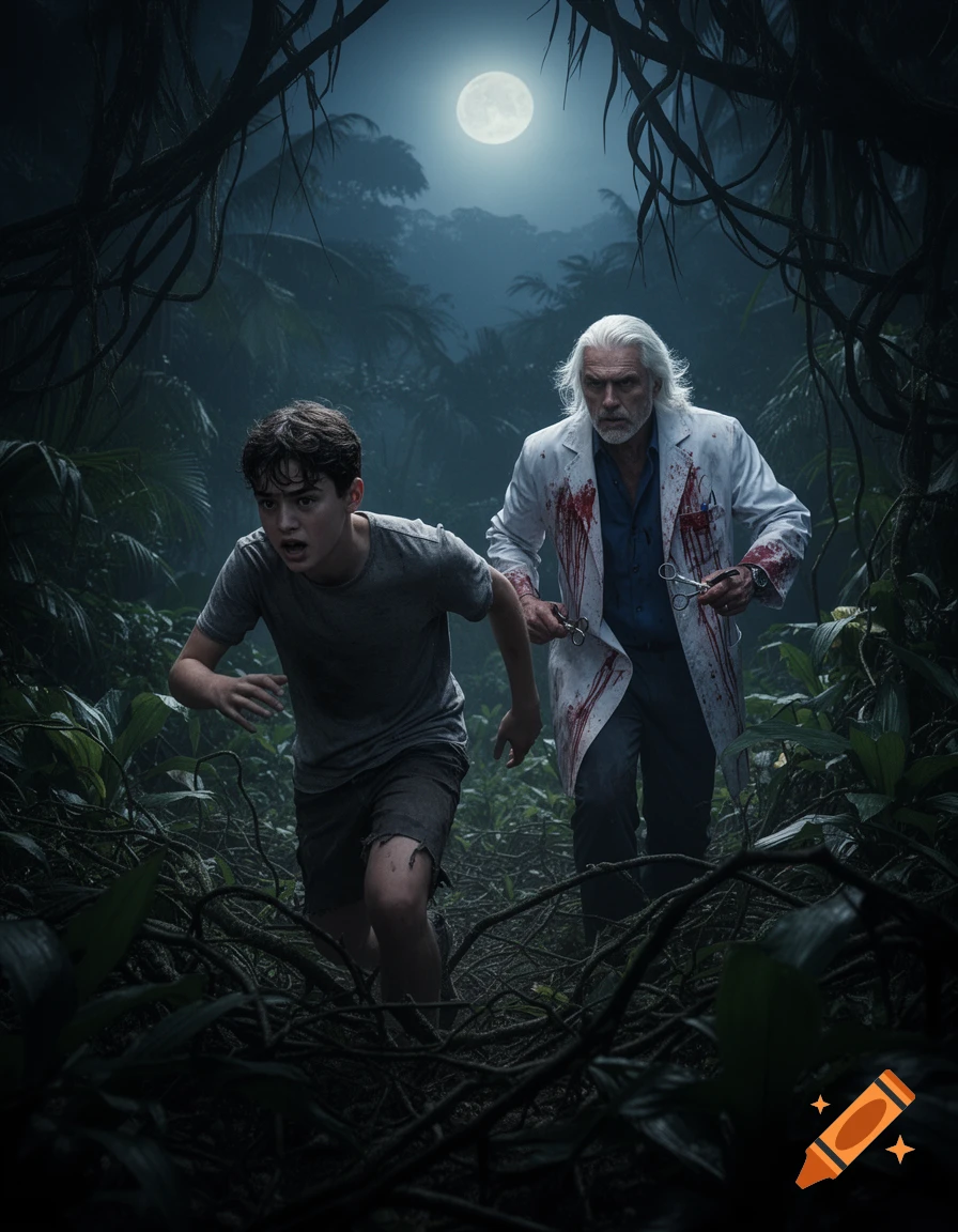 Young boy flees a blood-splattered man with surgical tools through a dark tropical jungle under a full moon. Photorealistic.
