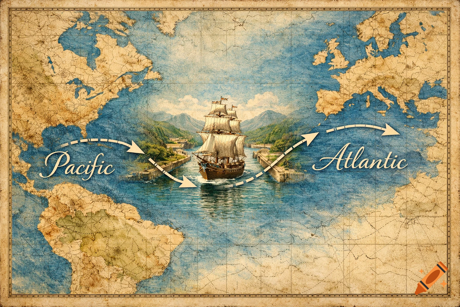 Vintage world map with a sailing ship in a canal connecting the Pacific and Atlantic oceans, marked with arrows.