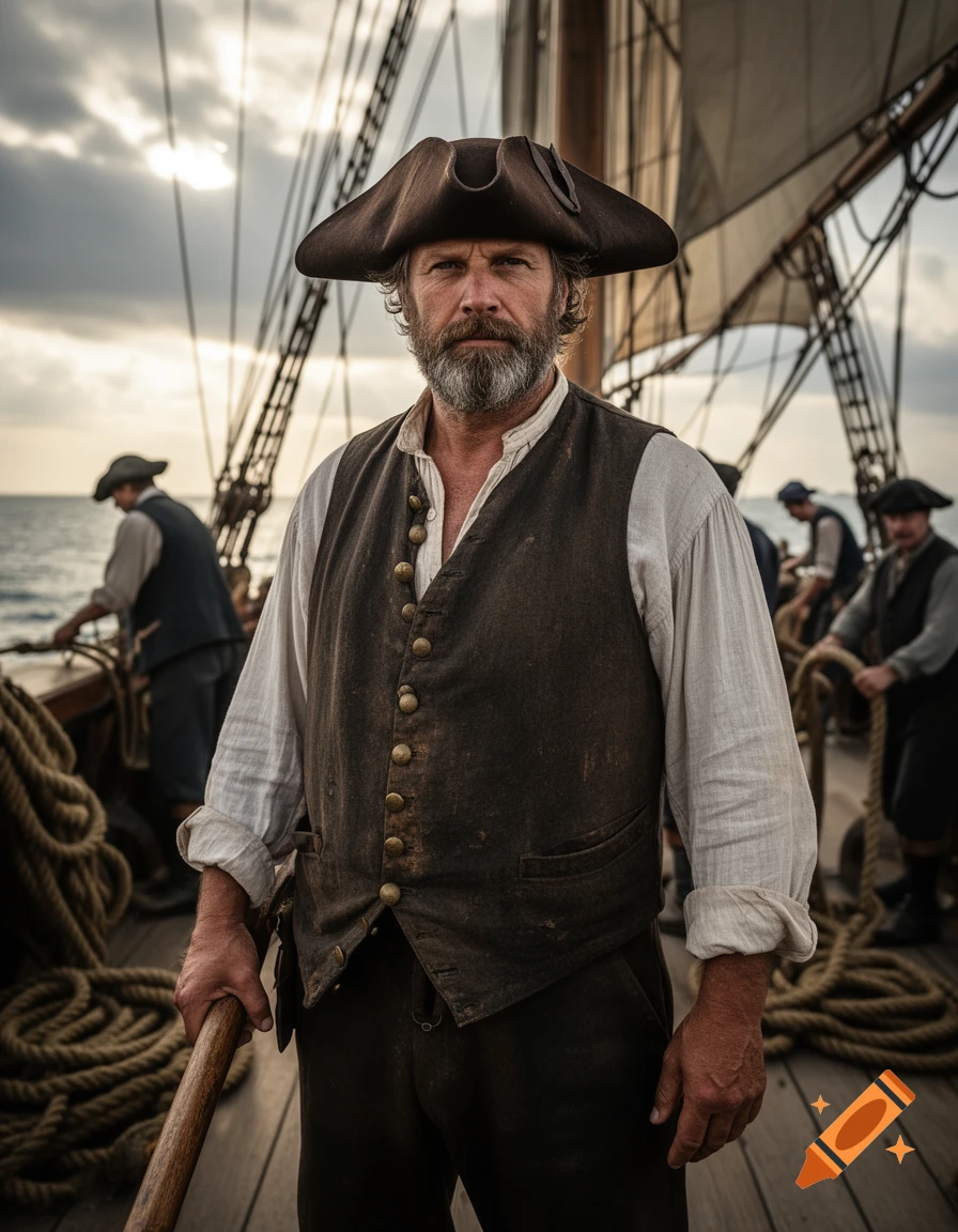 A bearded man in 17th-century shantyman attire and tricorn hat stands on a ship deck, with other sailors and ropes visible in the background.