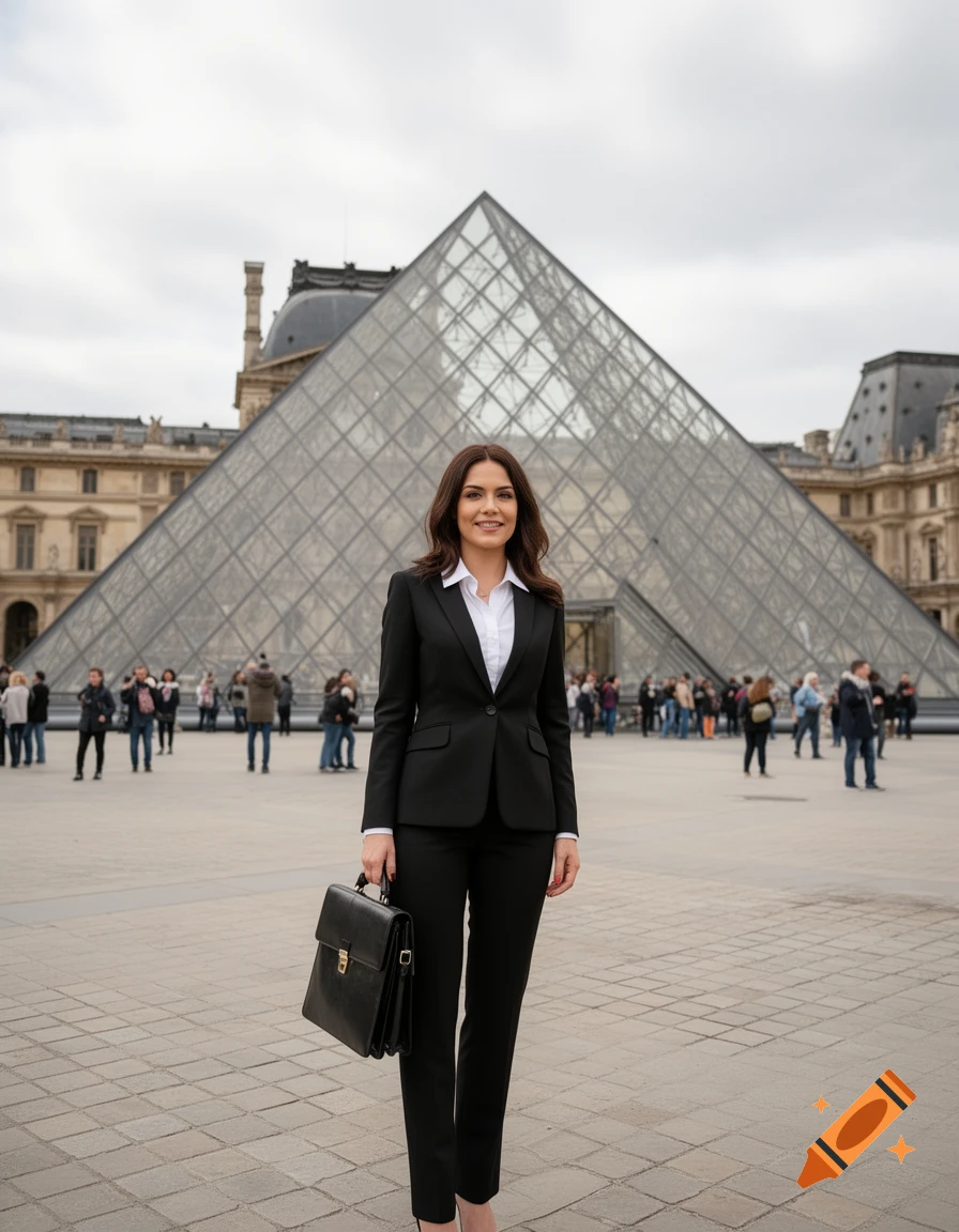 A businesswoman in a black suit holds a briefcase in front of the Louvre Pyramid in Paris.