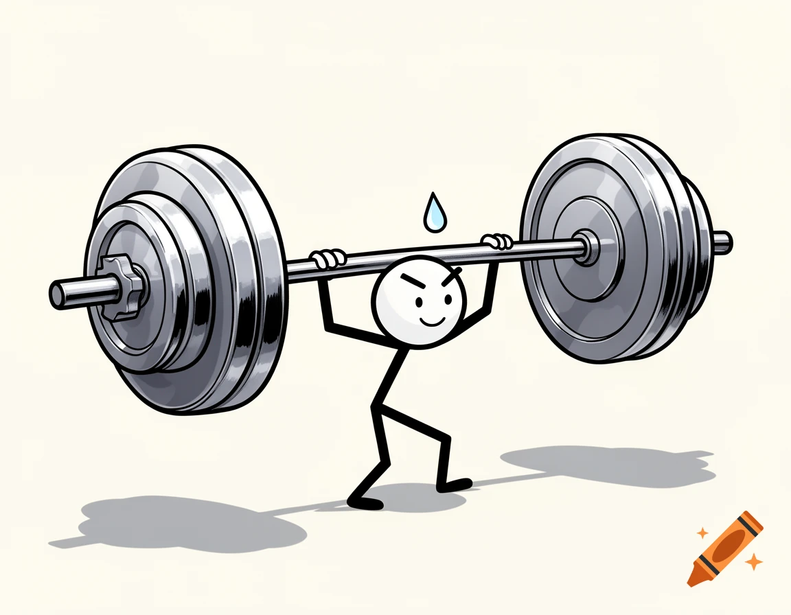 A cartoon stick figure struggles to lift a heavy barbell overhead, with a sweat drop above its head.