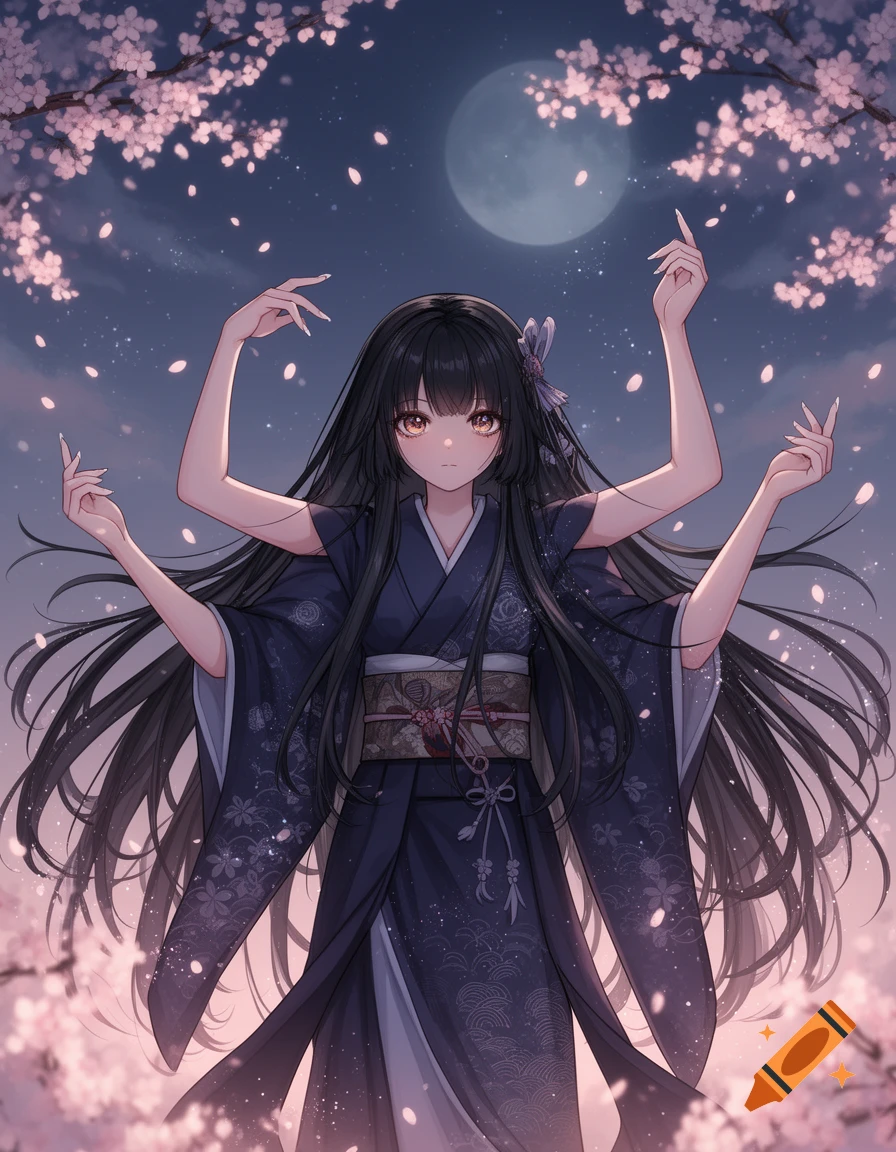 An anime girl with long black hair and four arms wears a dark blue kimono under a moonlit sky with falling cherry blossoms.