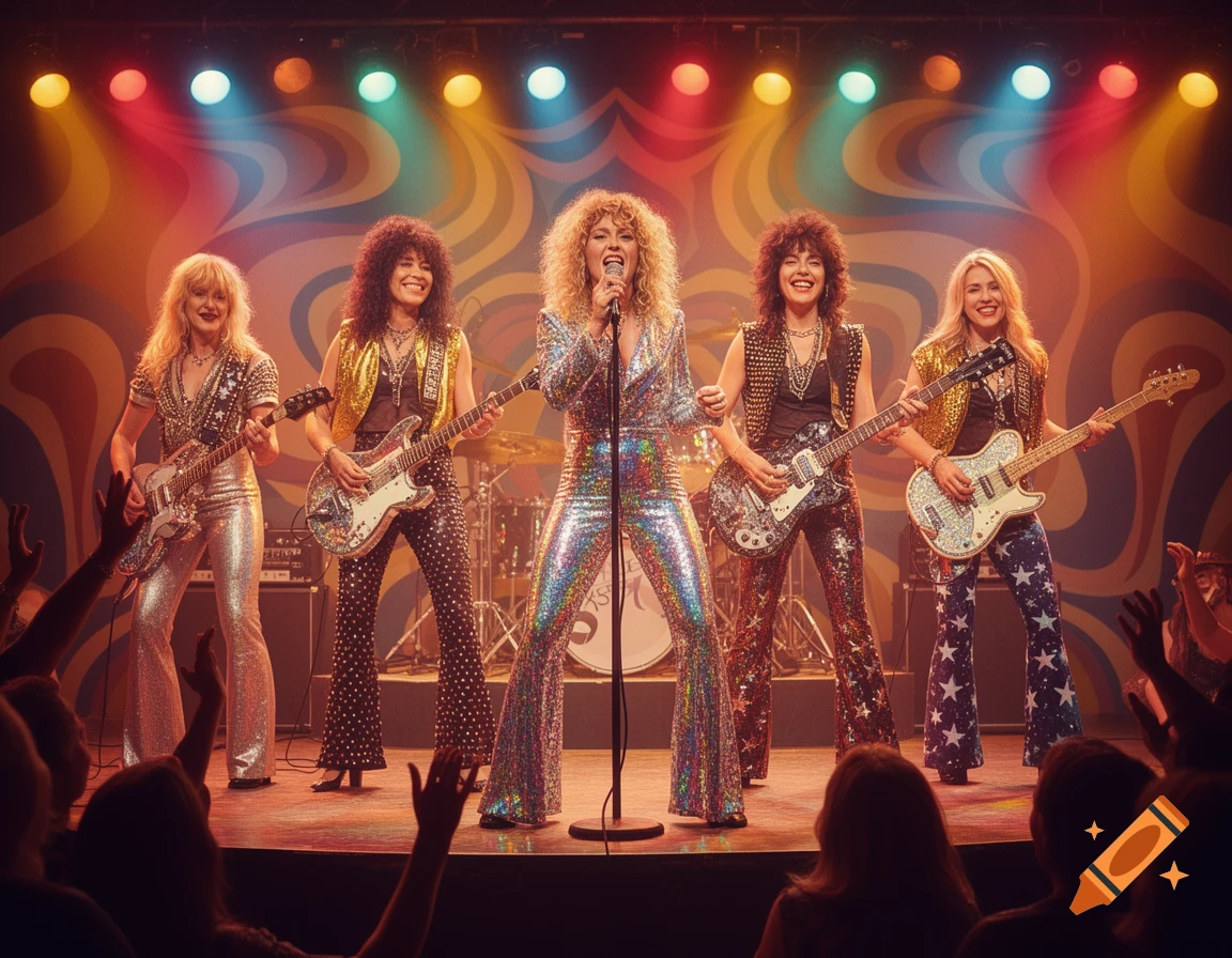 Five women in 70s glam, sequined outfits perform as a rock band on a vibrant stage under colorful lights to an audience.