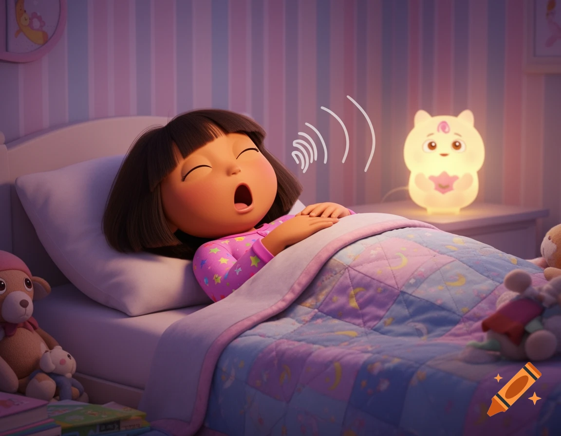Dora the Explorer in pink pajamas sleeping soundly in a cozy bed, snoring with her mouth wide open, next to a glowing nightlight.