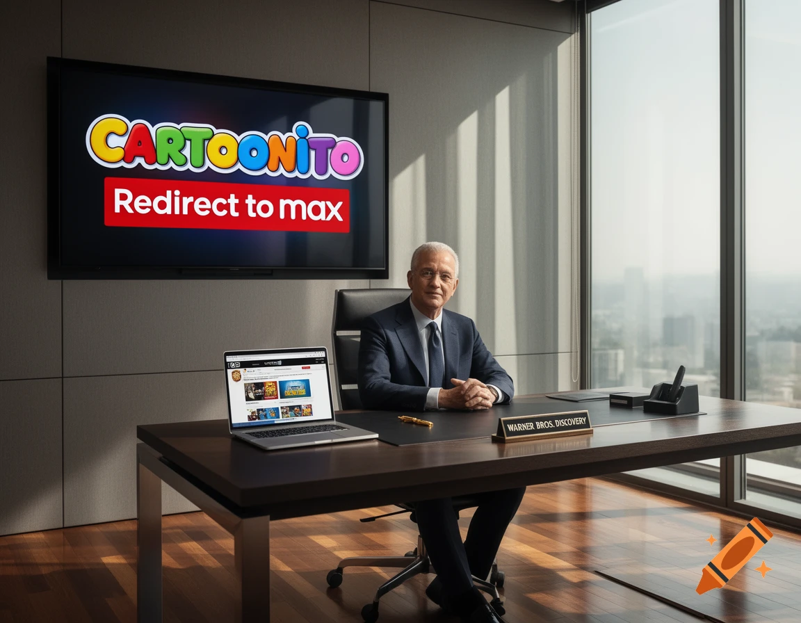 A man in a suit sits at a desk in a modern office with a TV showing 'CARTOONITO Redirect to max' and a nameplate 'WARNER BROS. DISCOVERY'.