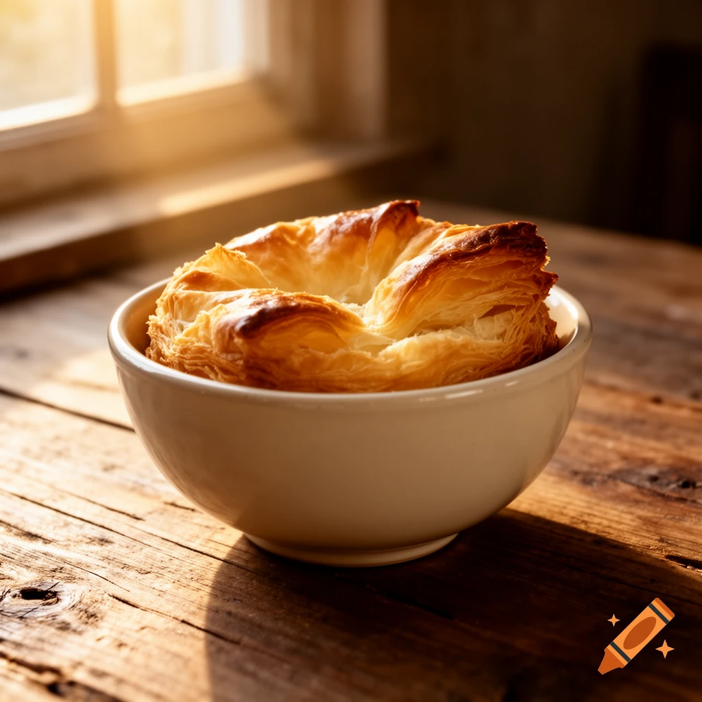 A close-up of a golden puff pastry in a white ceramic bowl on a wooden table, with sunlight streaming from a window.