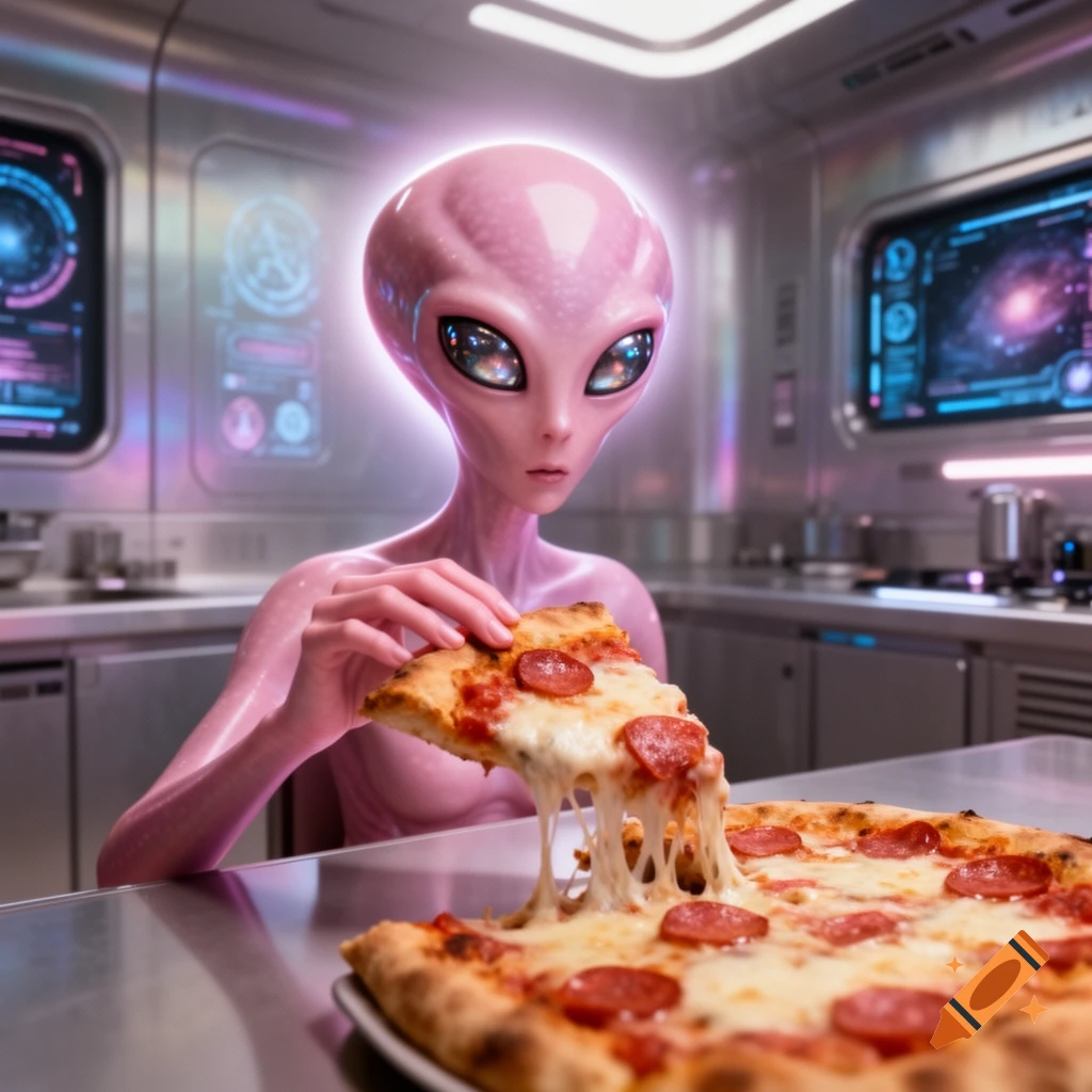 A photorealistic pink humanoid alien with a glowing head eats a cheesy pepperoni pizza in a futuristic kitchen.